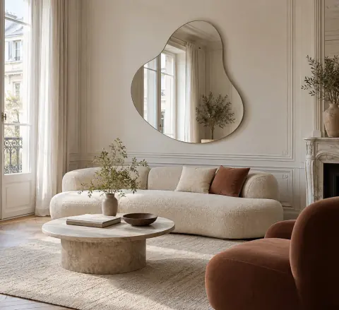 Miroir aux contours organiques sur un mur dégagé de salon