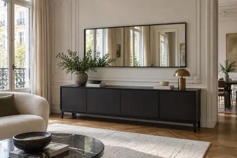 Miroir rectangulaire horizontal à cadre fin au-dessus d’un buffet large