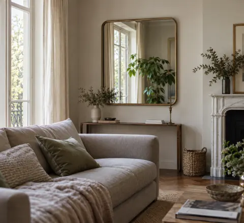 Miroir renvoyant la fenêtre et une plante dans un salon rangé