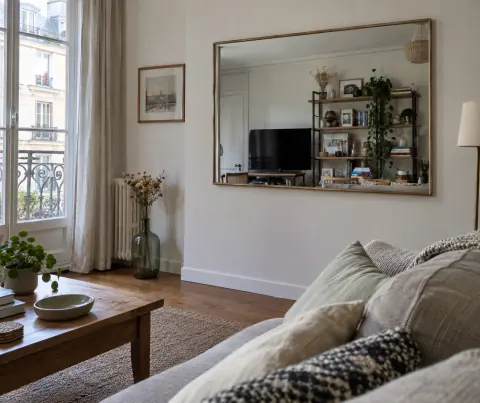 Miroir reflétant un téléviseur et des rangements chargés dans un salon