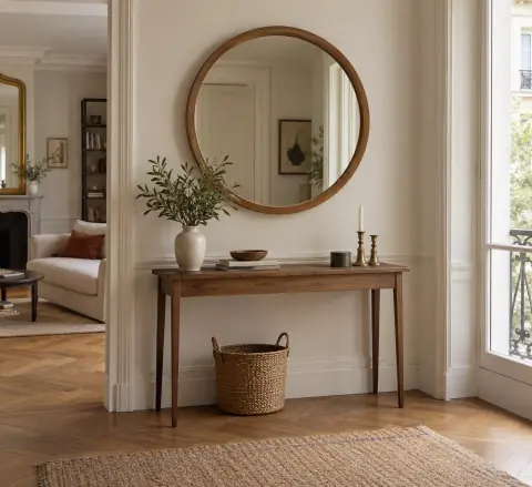 Miroir rond à cadre bois au-dessus d’une console étroite