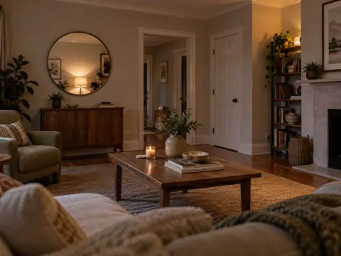 Salon le soir avec miroir décoratif reflétant une lumière douce