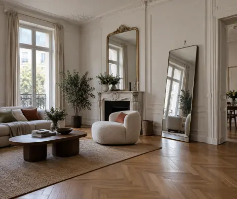 Grand miroir en pied dans un salon, près d’un mur et hors de l’ouverture de porte