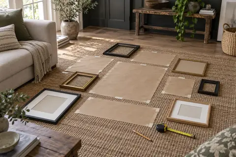 Cadres et gabarits en papier disposés au sol pour préparer une composition murale