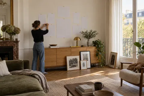 Gabarits papier disposés au-dessus d’un buffet dans un salon