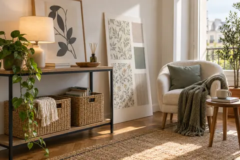Composition réversible pour une entrée de location avec console, paniers, tapis et décoration posée