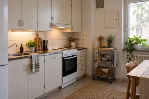 Cuisine de location aux meubles existants avec desserte mobile et grille de ventilation dégagée