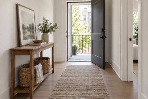 Entrée d’appartement loué avec console peu profonde, cadre posé, paniers et passage libre