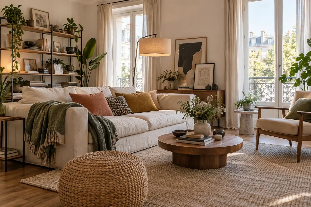 Salon de logement loué décoré avec des meubles et accessoires faciles à déplacer