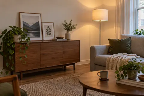 Cadres posés sur un buffet indépendant et lampadaire à côté du canapé dans un logement loué