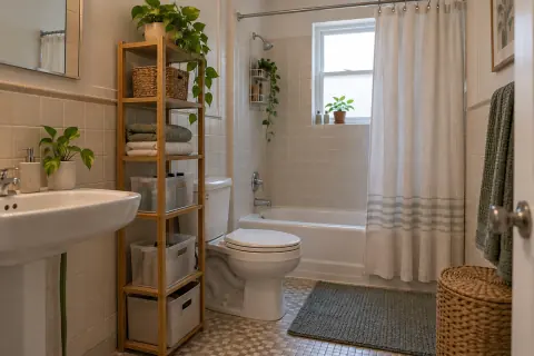 Salle de bains louée avec étagère indépendante, tapis lavable et rideau sur tringle existante
