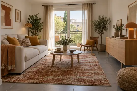 Salon loué aux murs blancs avec grand tapis terracotta, coussins ocre et buffet indépendant