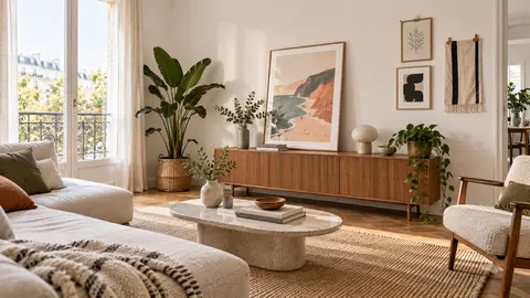 Salon avec cadres muraux et grand tableau posé sur une enfilade, sans nouvelle perforation visible
