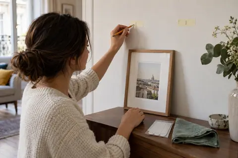 Petit cadre et matériel de préparation disposés sur une console avant la pose