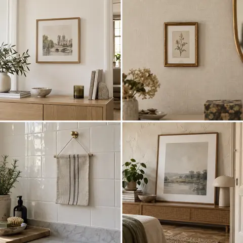 Quatre situations décoratives : mur peint, papier peint, carrelage et cadre posé sur un meuble