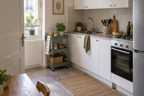 Desserte verte indépendante dans une petite cuisine louée avec passage libre
