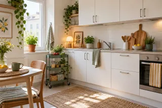 Cuisine de location blanche avec objets posés, desserte mobile et textiles verts