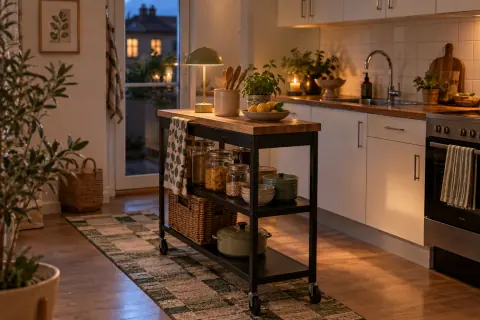 Desserte mobile avec lampe posée dans une cuisine louée le soir