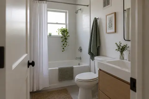 Salle de bain aérée après la douche avec surfaces dégagées