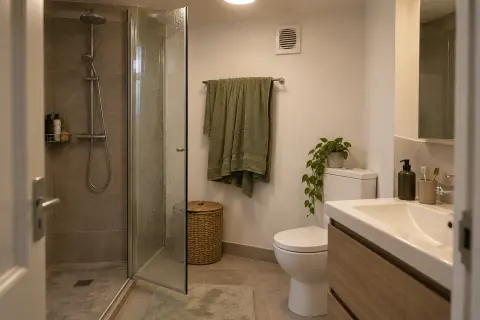 Salle de bain sans fenêtre avec grille de ventilation dégagée et paroi de douche ouverte pour sécher
