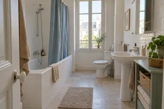 Salle de bain de location aux carreaux blancs avec rideau bleu, linge beige et rangement indépendant