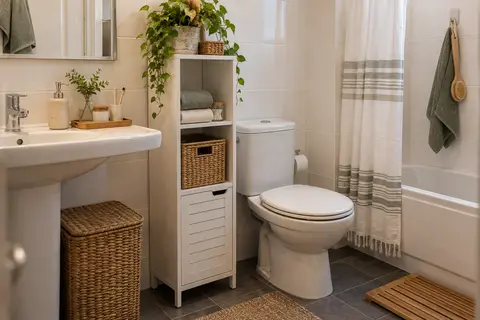 Rangements posés et paniers dans une petite salle de bain