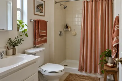 Rideau de douche terre cuite rayé sur tringle existante devant carrelage crème dans une salle de bain louée