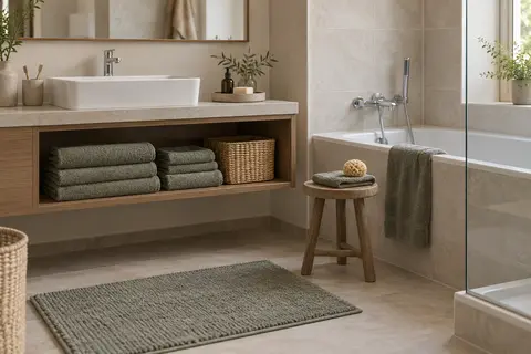 Textiles colorés et accessoires réversibles dans une salle de bain