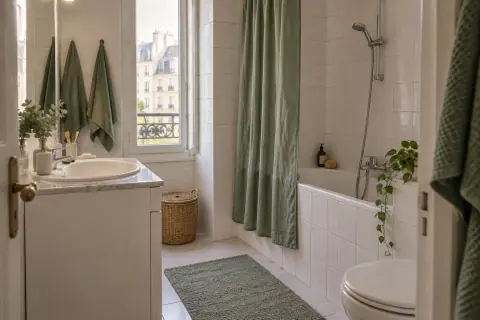 Petite salle de bain louée aux carreaux blancs avec serviettes sauge et tapis lavable