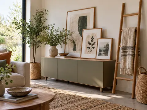 Salon chaleureux organisé avec des décorations posées et suspendues sans percer.