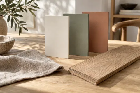 Échantillons de couleurs et matières posés sur un parquet en chêne.
