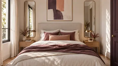 Miroirs étroits de part et d'autre d'une tête de lit dans une petite chambre