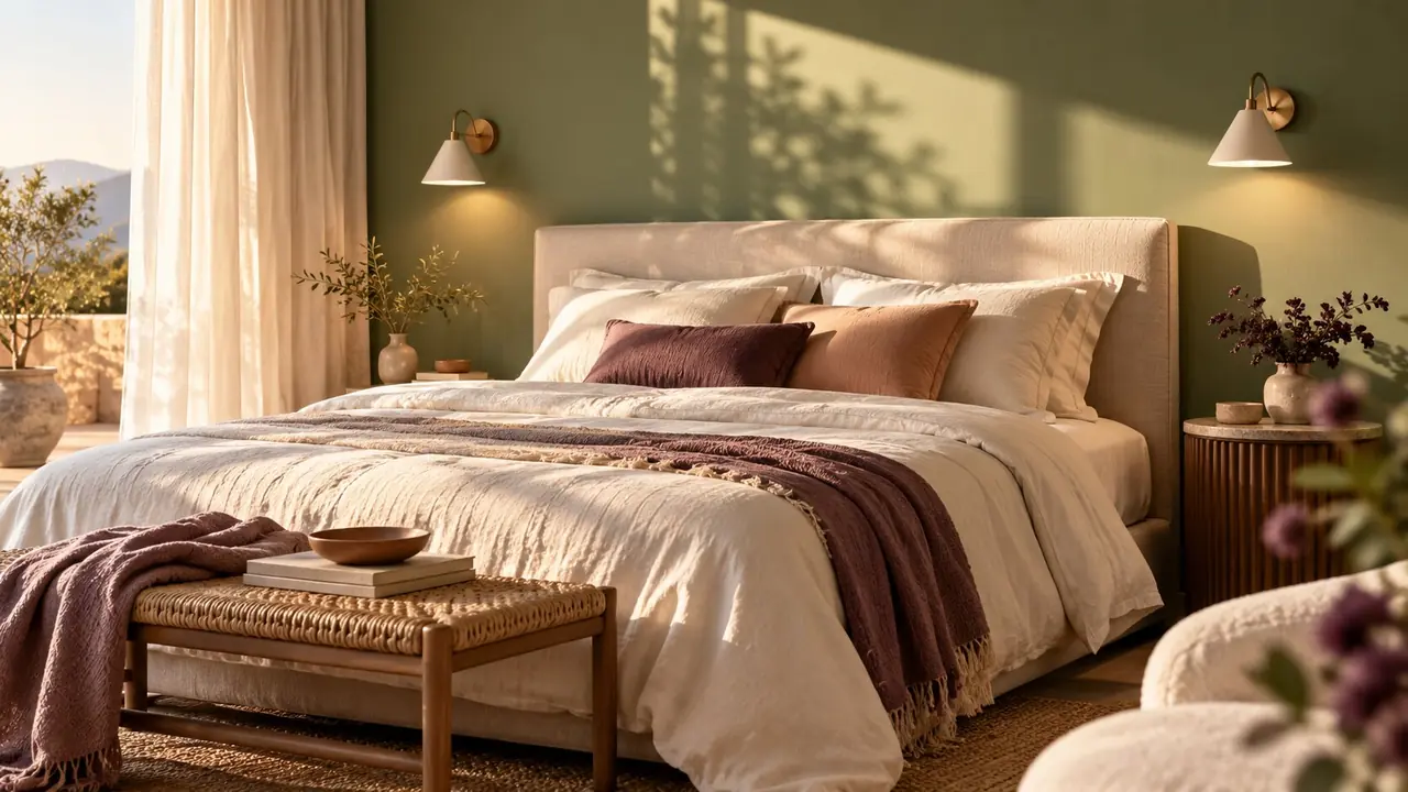 Chambre adulte avec mur de tête de lit vert sauge et tête de lit en lin
