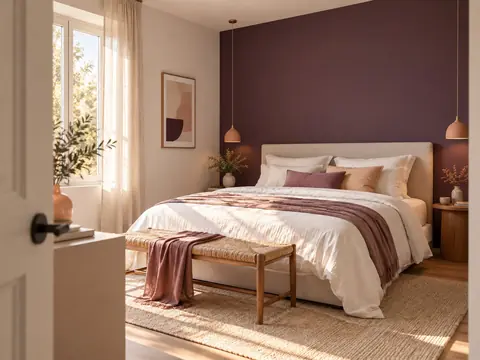 Chambre adulte avec un seul mur peint en teinte soutenue derrière le lit
