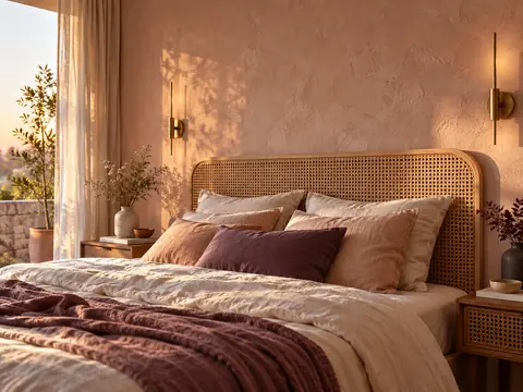 Mur de chambre texturé beige rosé avec tête de lit en cannage