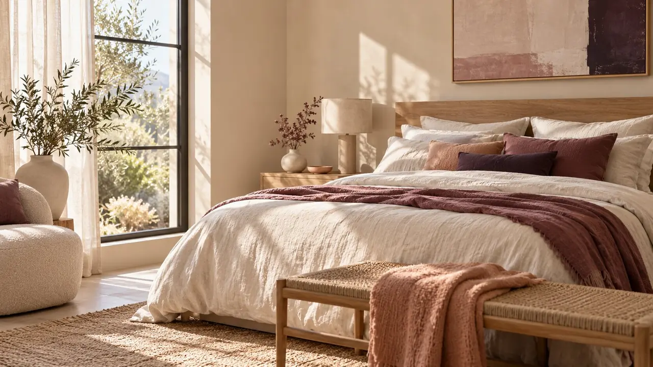 Chambre d'adulte zen en beige sable avec linge de lit en lin écru