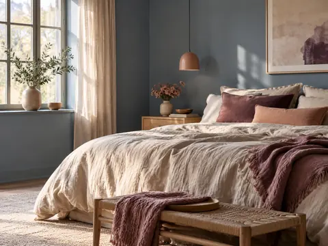 Chambre d'adulte au mur bleu-gris poudré avec linge de lit en lin beige