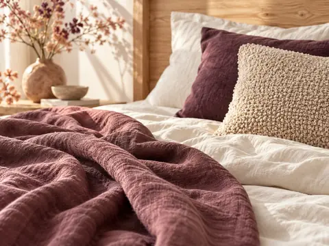 Gros plan d'un plaid en lin et d'un coussin en bouclé beige sur un lit