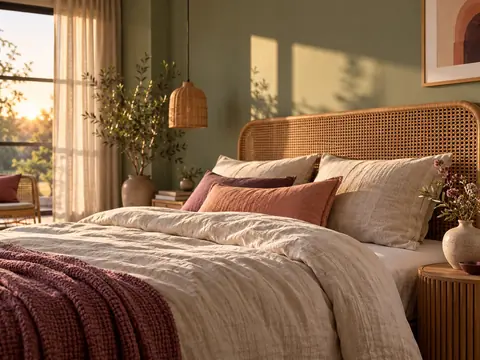 Chambre au mur vert sauge avec tête de lit en rotin