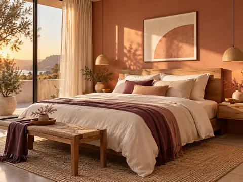 Chambre beige avec un mur d'accent terracotta pâle derrière la tête de lit