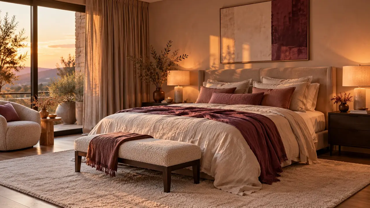 Chambre d'adulte agréable avec palette douce, textiles et éclairage en couches