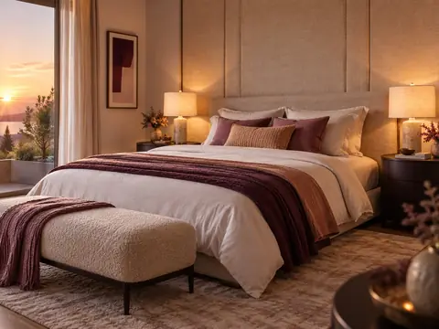 Chambre d'adulte avec tête de lit textile et deux lampes de chevet
