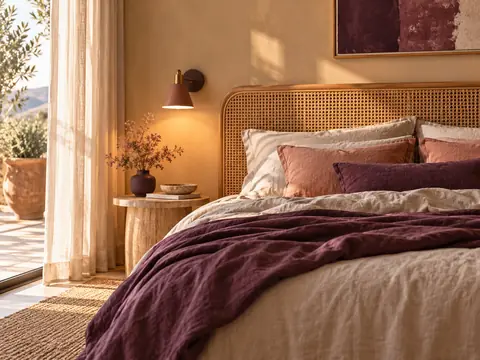 Chambre tendance 2026 aux tons terreux avec tête de lit en cannage