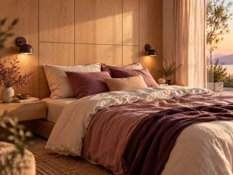 Mur de tête de lit en panneaux de bois clair avec deux appliques