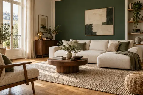Association d’un parquet en chêne et d’un mur vert minéral dans un salon.
