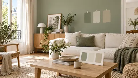 Echantillons de verts doux a observer dans la lumiere du salon.