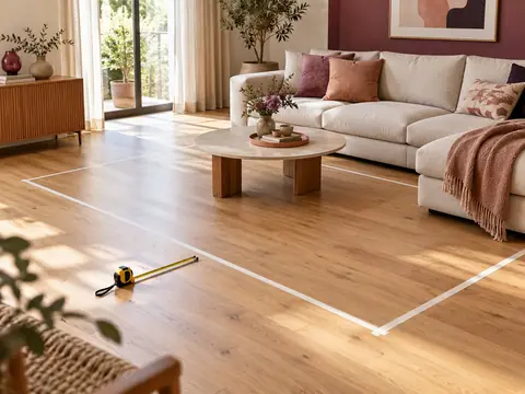 Rectangle tracé au ruban adhésif au sol d'un salon pour visualiser la taille d'un tapis