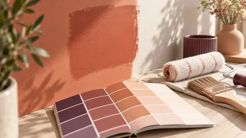 Échantillon de peinture terracotta et nuancier de teintes chaudes posés près d'un mur