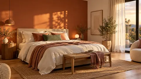 Chambre avec mur terracotta, mur blanc cassé et coussin vert sauge