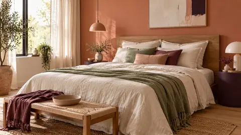 Chambre adulte avec mur terracotta, tête de lit en bois et linge en lin écru